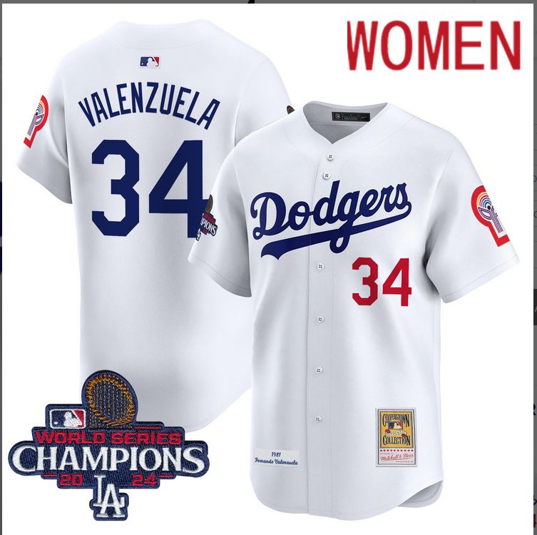 Women MLB Los Angeles Dodgers 34 Valenzuela white 2024 World Series Champions Patch Cooperstown Jersey